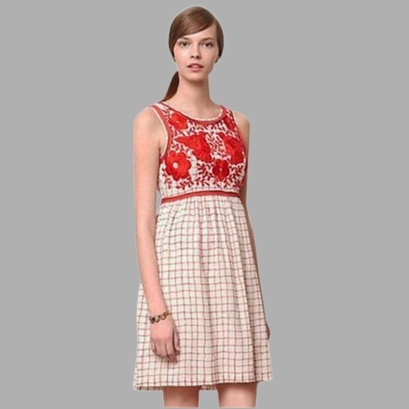 Anthropologie Vineet Bahl Stitched Avani Embroidered Detail Dress Cream Red SP - Picture 1 of 16